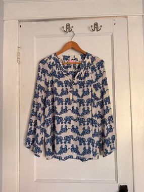 Lilly Pulitzer Elsa Blouse - long sleeve top with blue and white elephant print
